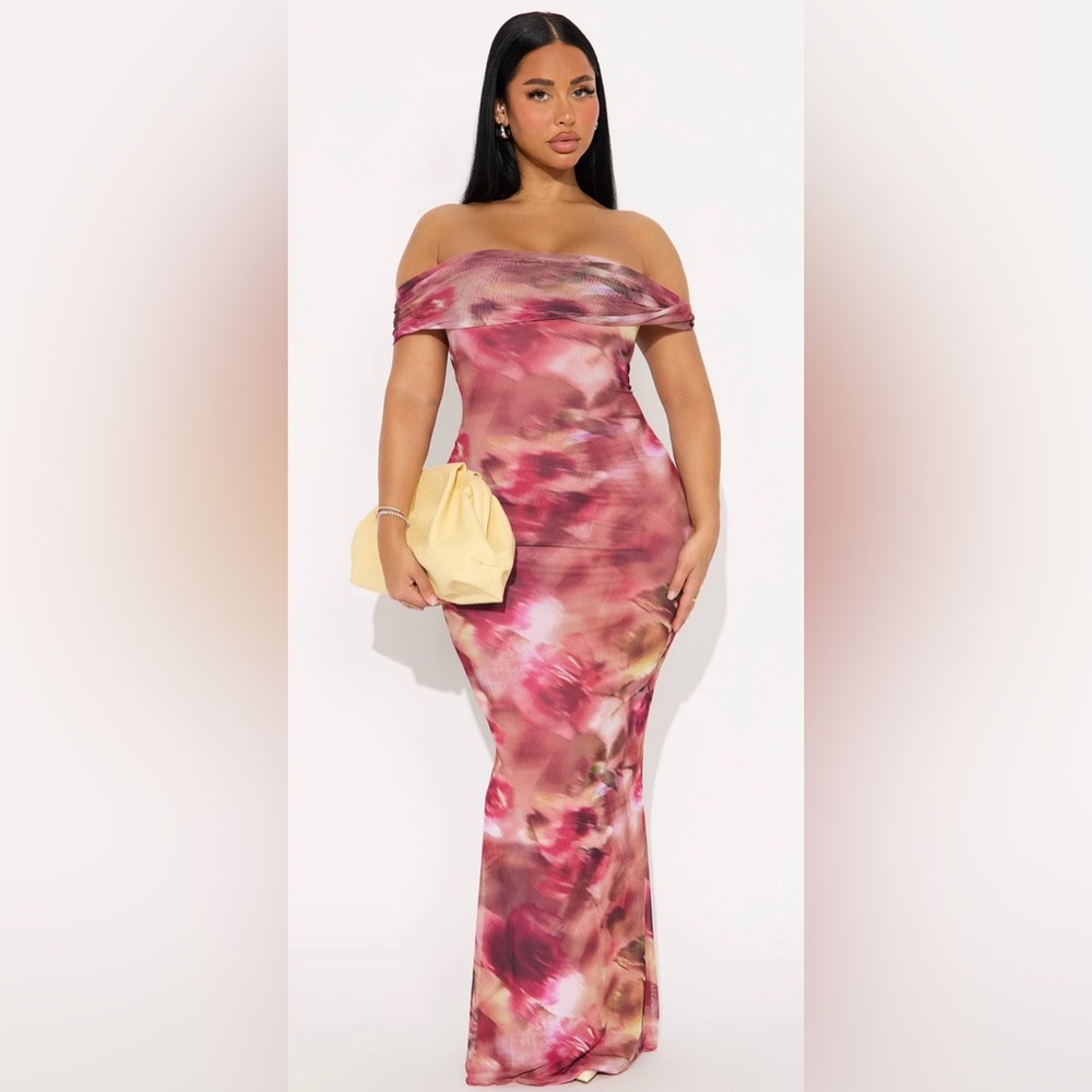 Fashion Nova Off-the-Shoulder Pink Multi Tie-Dye Maxi Dress